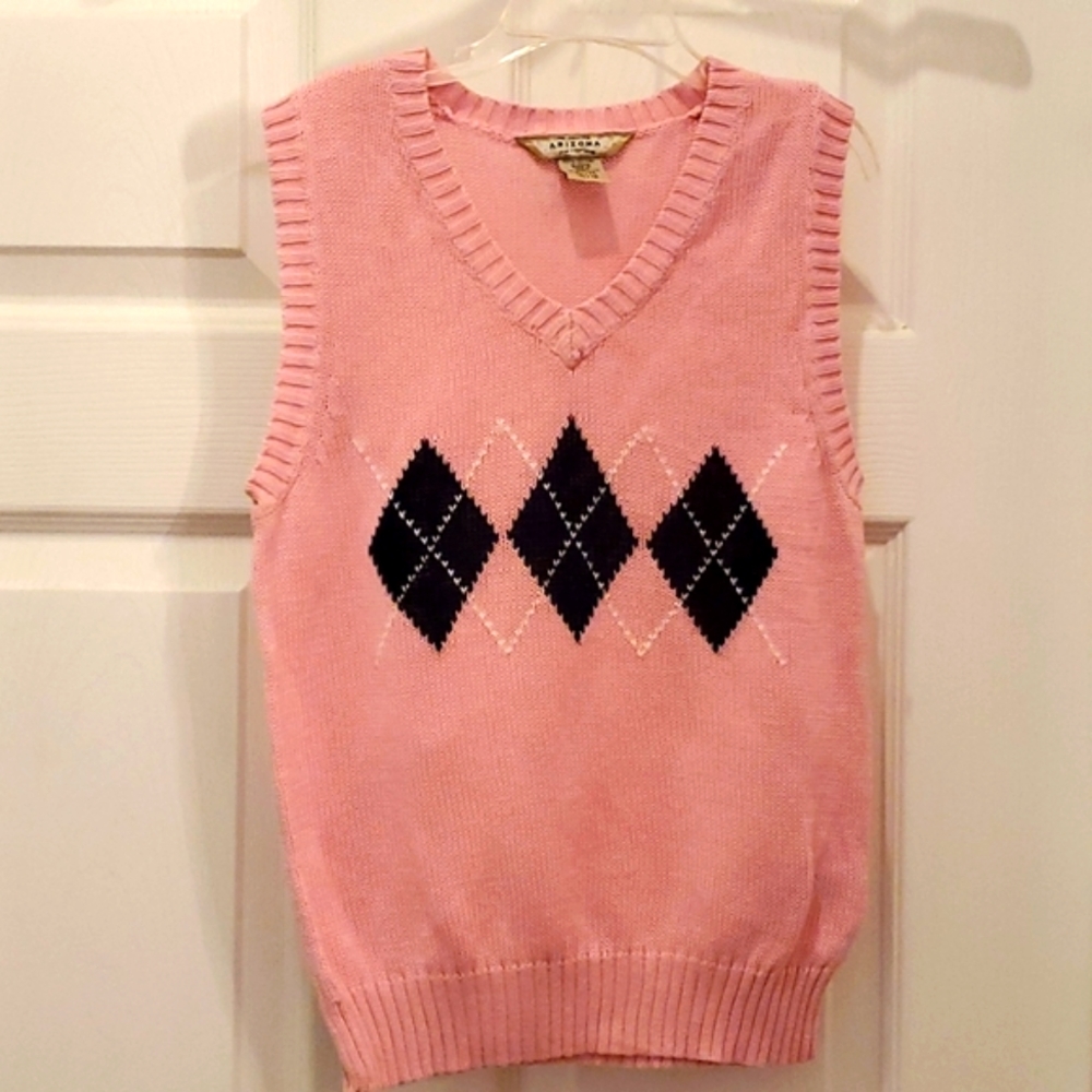 NWOT Arizona Jean Co. Girl's M 10/12 Pink with Navy & White Argyle Sweater Vest